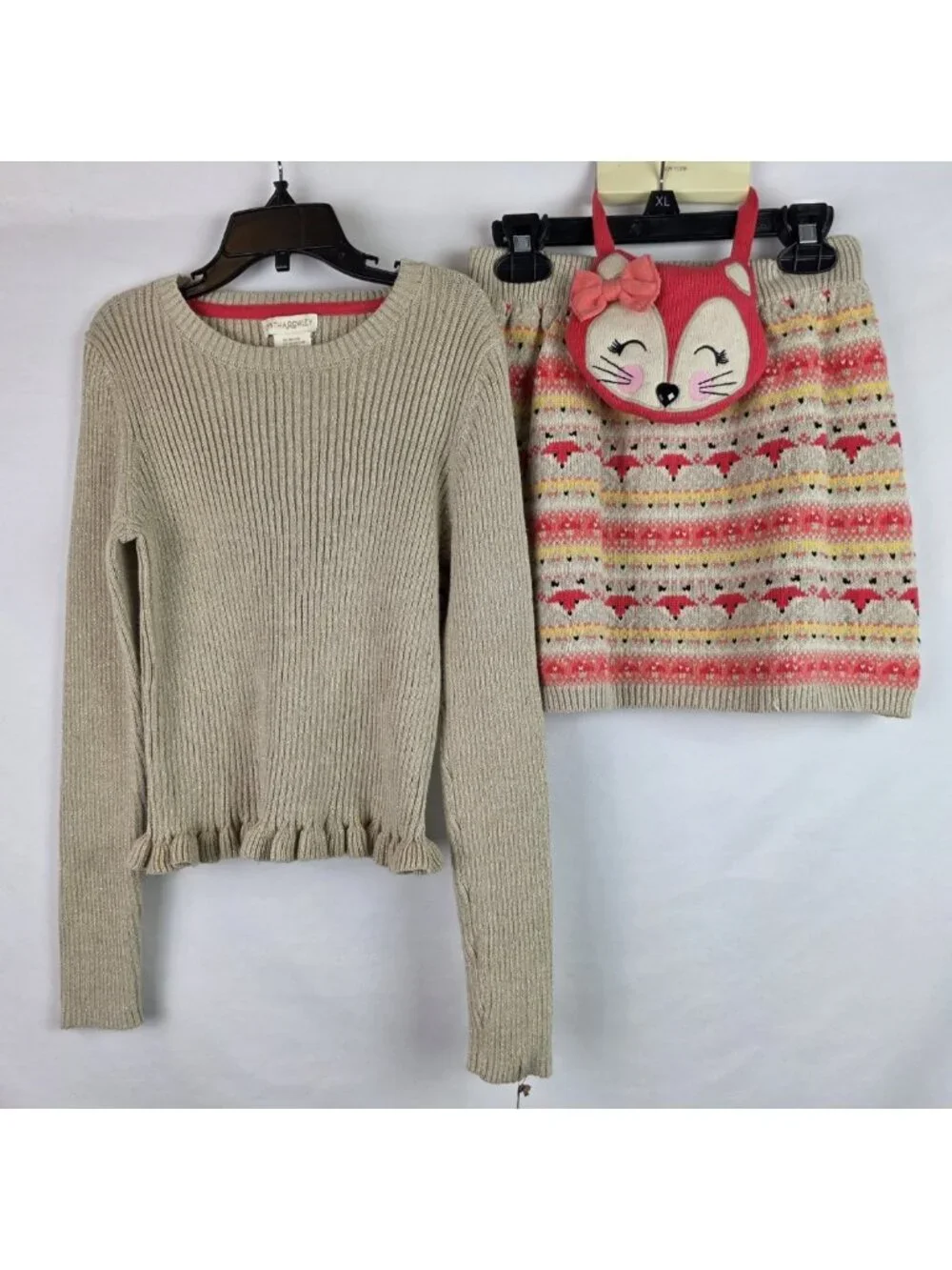 Cynthia Rowley Girl's 3 Piece Outfit Sz Medium 7-8 Gold Sweater Skirt Fox Purse